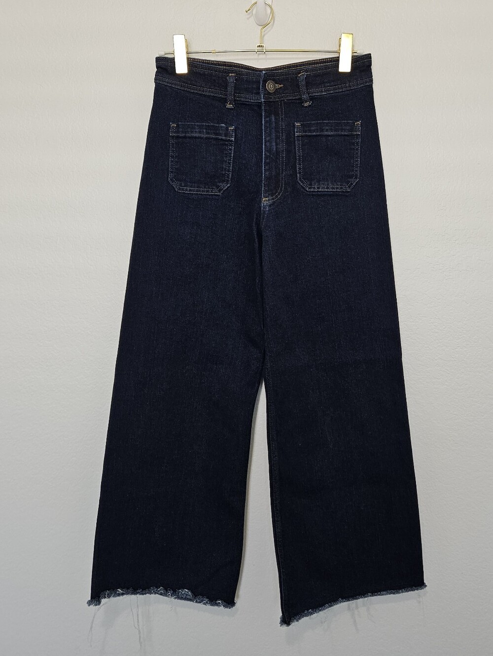 NWOT Zara The Marine Straight Wide Leg Jeans Womens 8 Dark Denim Patch Pockets